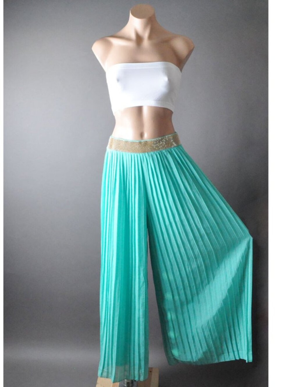 Womens Green Rhinestone Stretch Long Loose Palazzo Wide Leg Casual Formal Pants